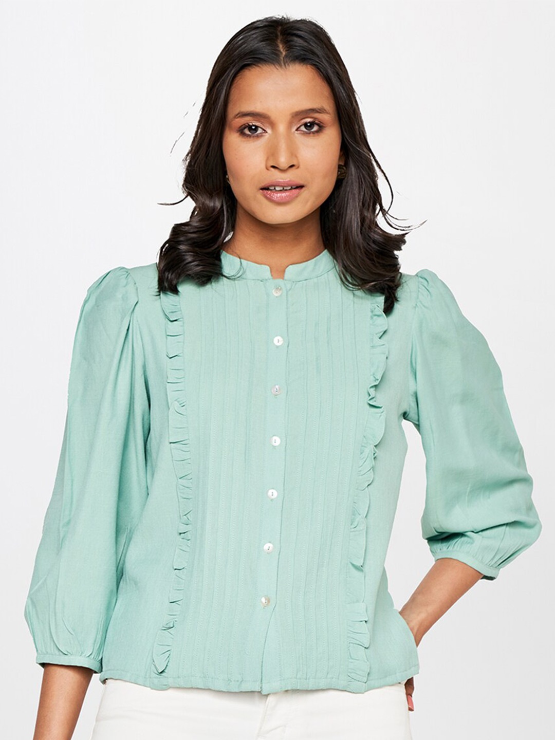 

AND Mandarin Collar Shirt Style Top, Green