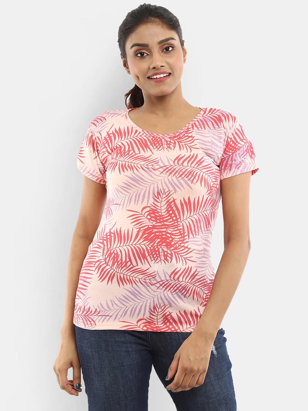 

V-Mart Women Tropical Printed Tropical Cotton T-shirt, Peach