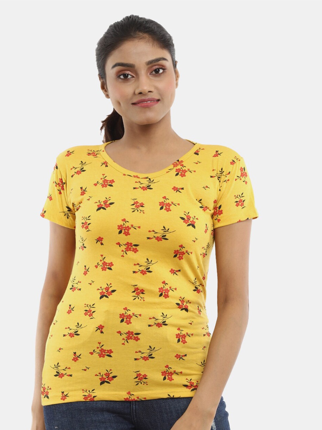 

V-Mart Women Floral Printed Cotton T-shirt, Mustard