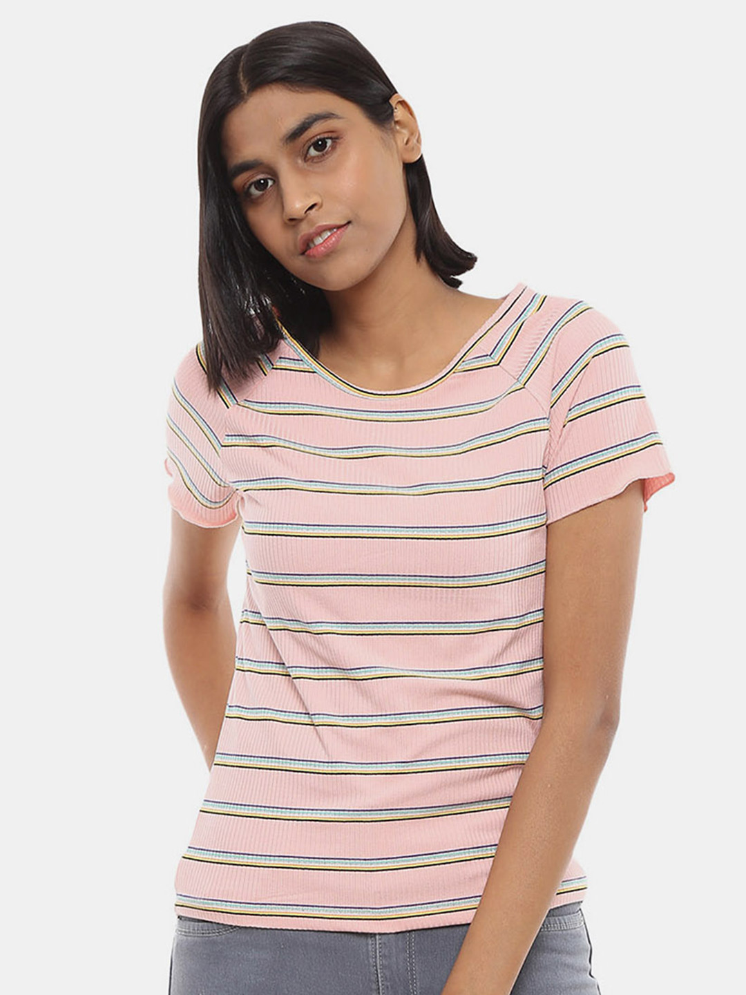 

V-Mart Women Striped Cotton T-shirt, Peach