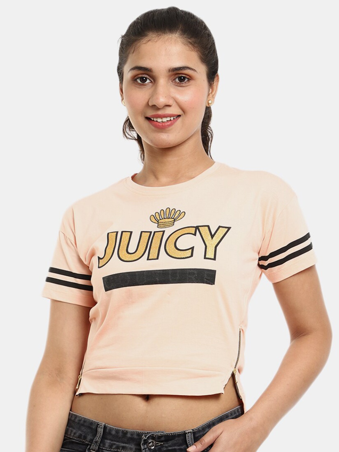 

V-Mart Women Typography Printed Loose Cotton T-shirt, Peach