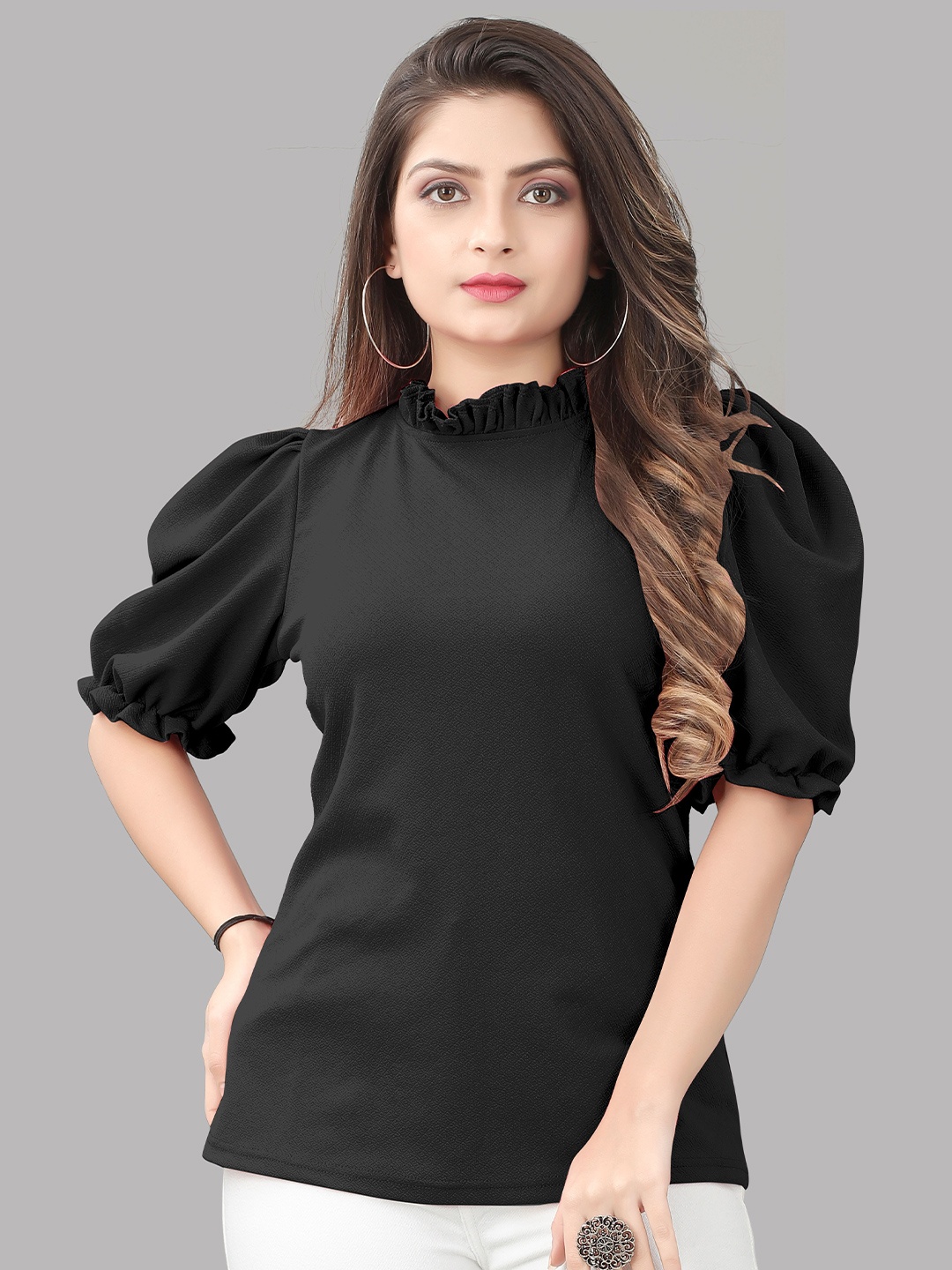 

WEAVETECH IMPEX High Neck Puff Sleeves Top, Black