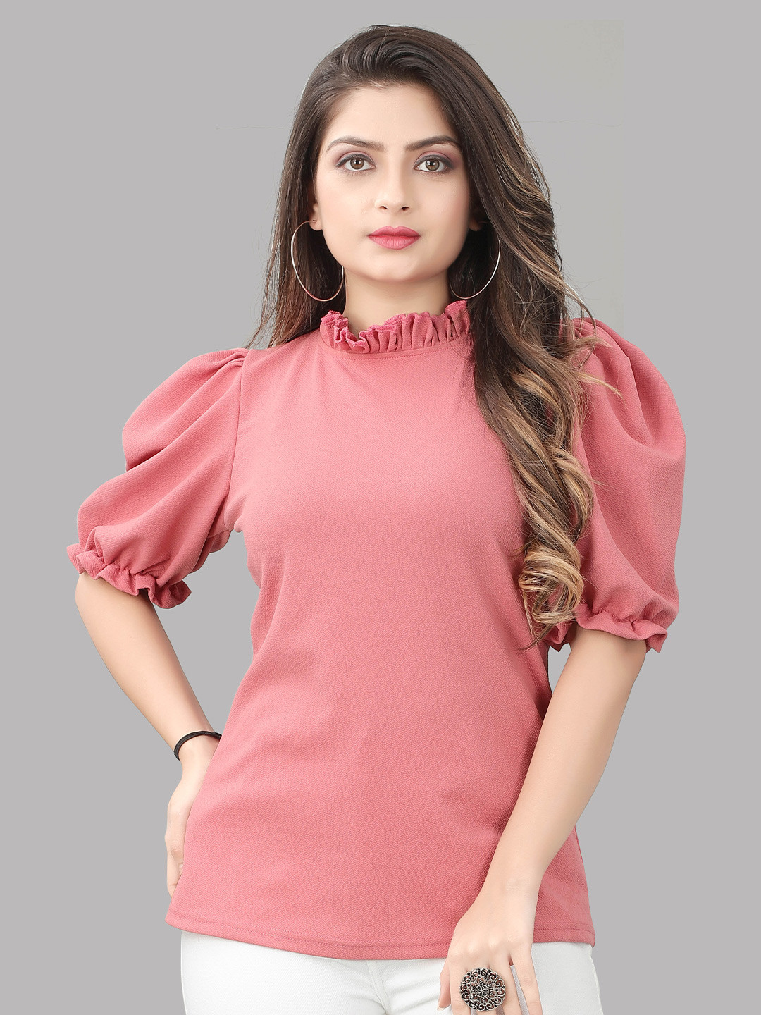 

WEAVETECH IMPEX High Neck Puff Sleeves Top, Pink