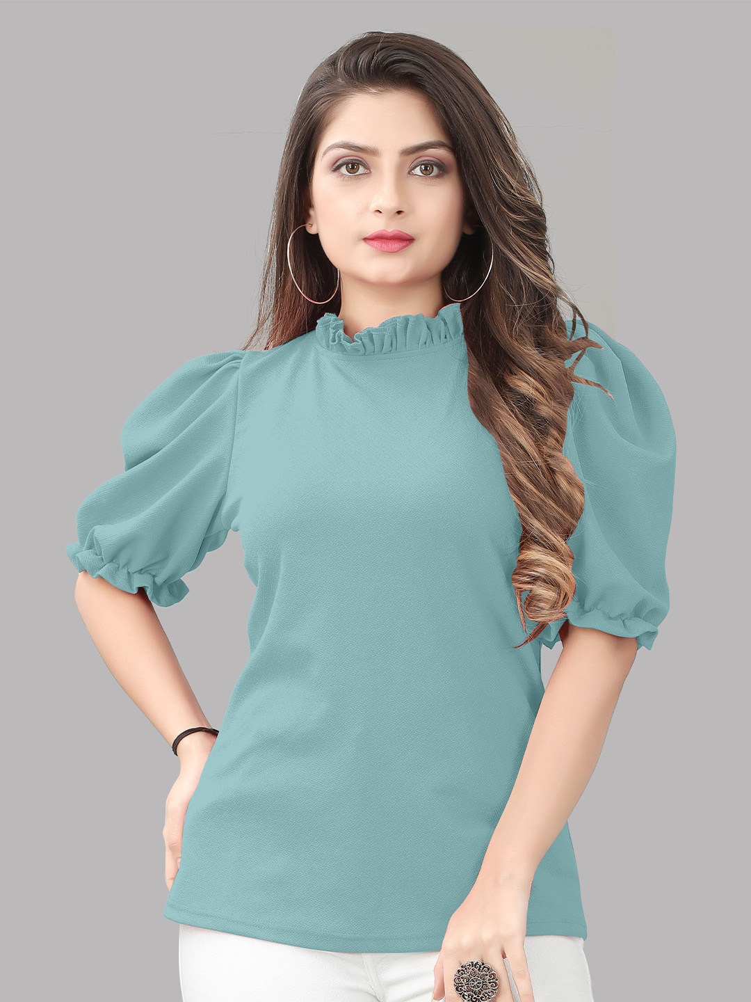 

WEAVETECH IMPEX High Neck Puff Sleeves Top, Turquoise blue