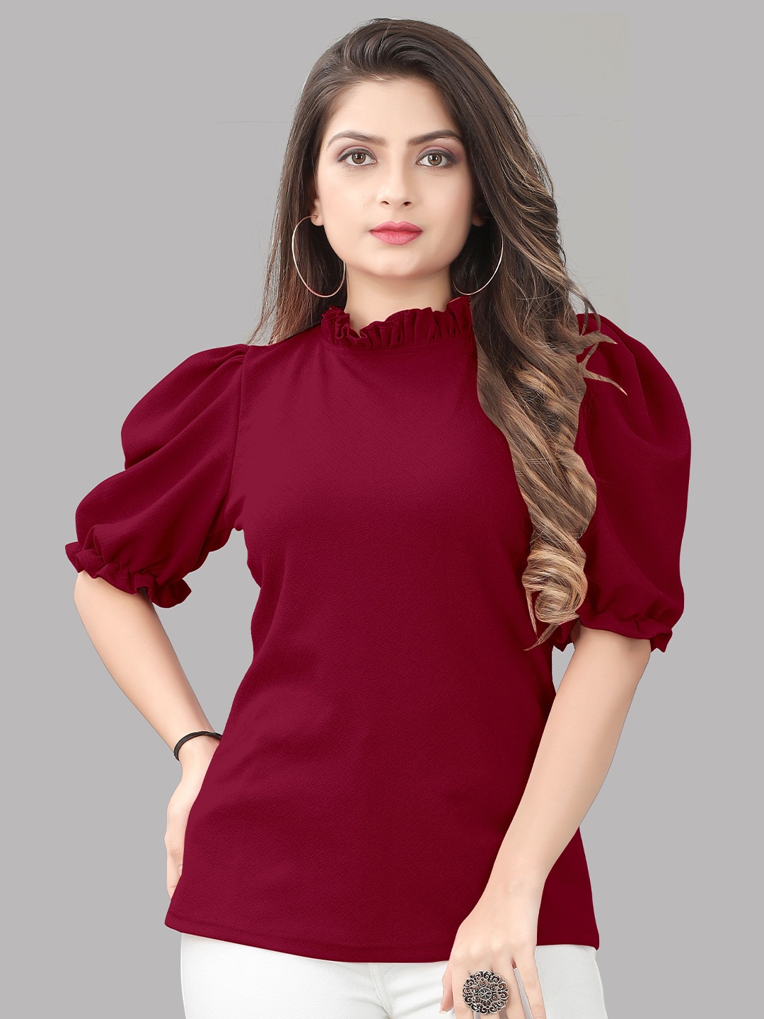 

WEAVETECH IMPEX High Neck Puff Sleeves Top, Maroon