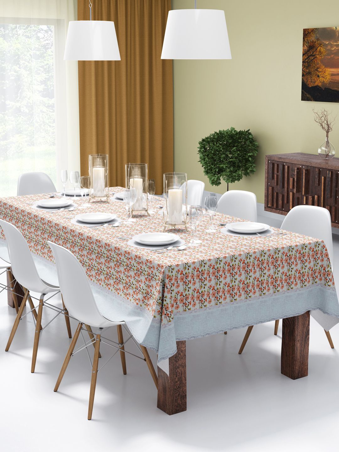 

BIANCA La-Italia Orange-Colored & White Floral Printed Anti-Slip 6-8 Seater Table Cover