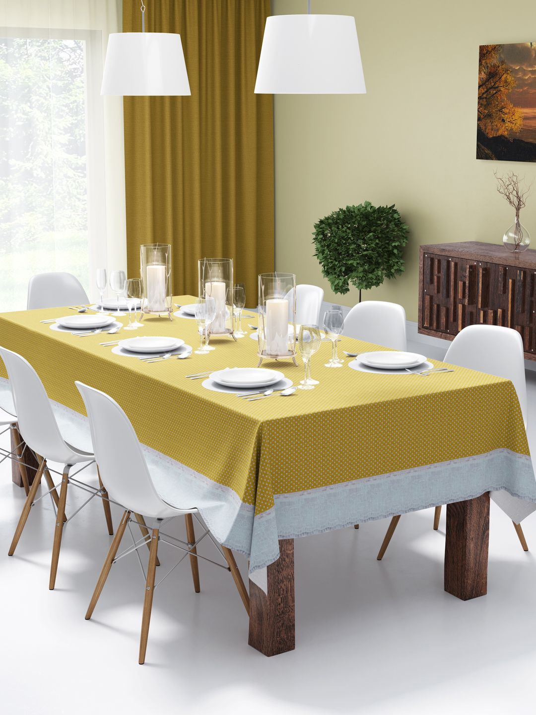 

BIANCA La-Italia Yellow & White Polka Dots Printed 10 Seater Dining Table Cover