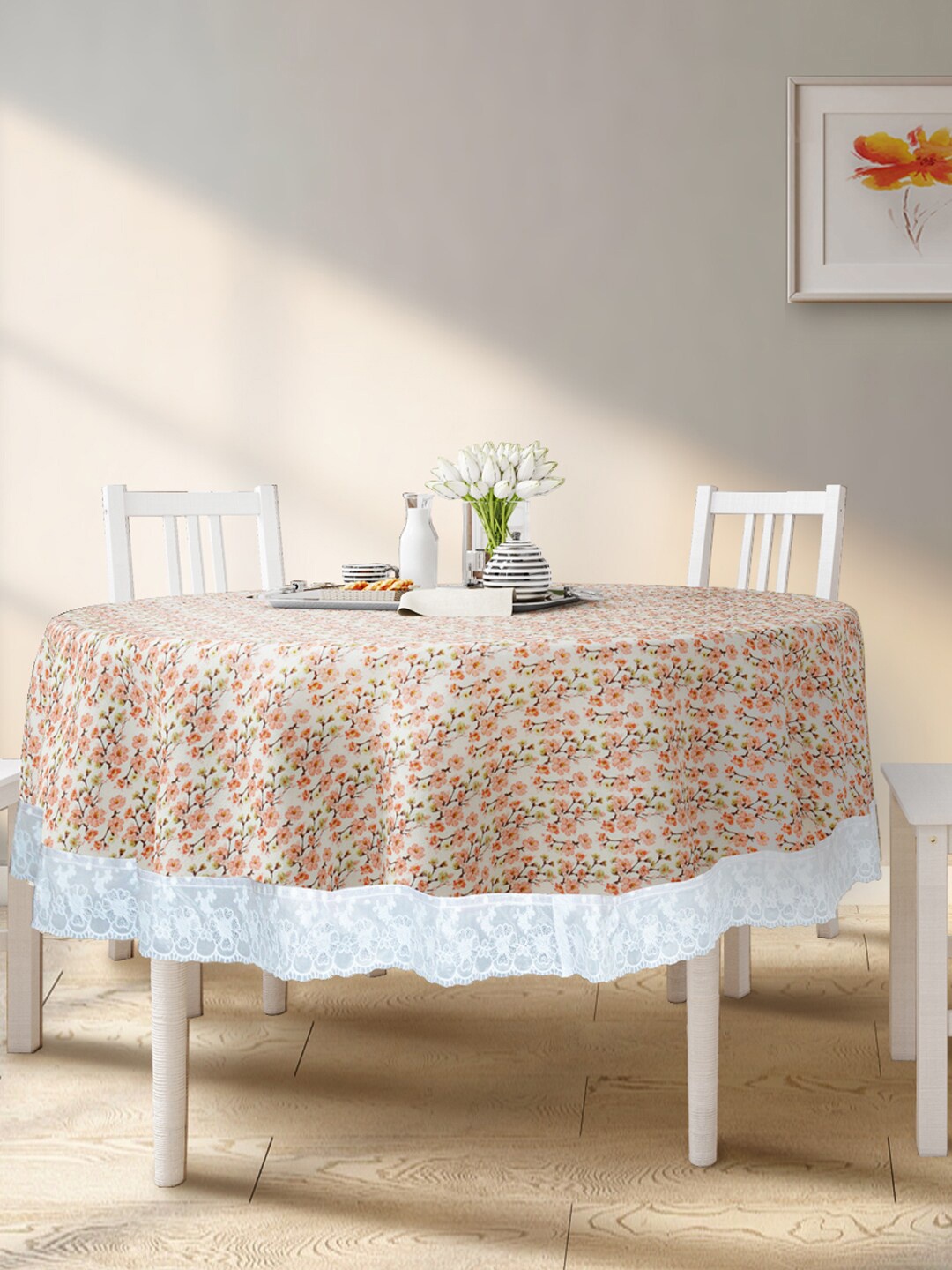 

BIANCA Orange Floral Printed 4-Seater Dining Table Cover, Multi