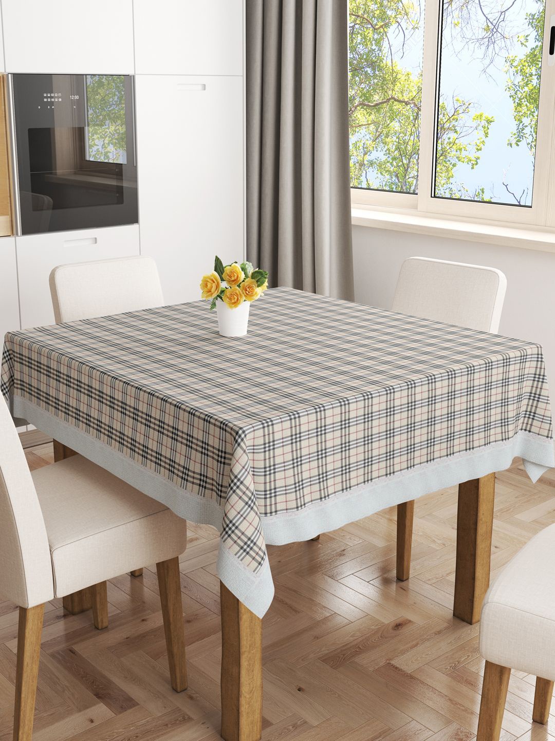 

BIANCA Beige Checked 4 Seater Square Table Cover