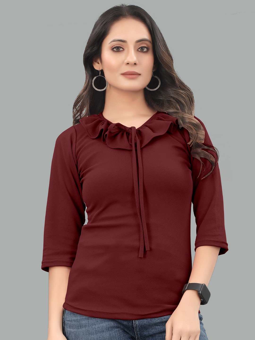 

WEAVETECH IMPEX Ruffles Scuba Blouson Top, Maroon