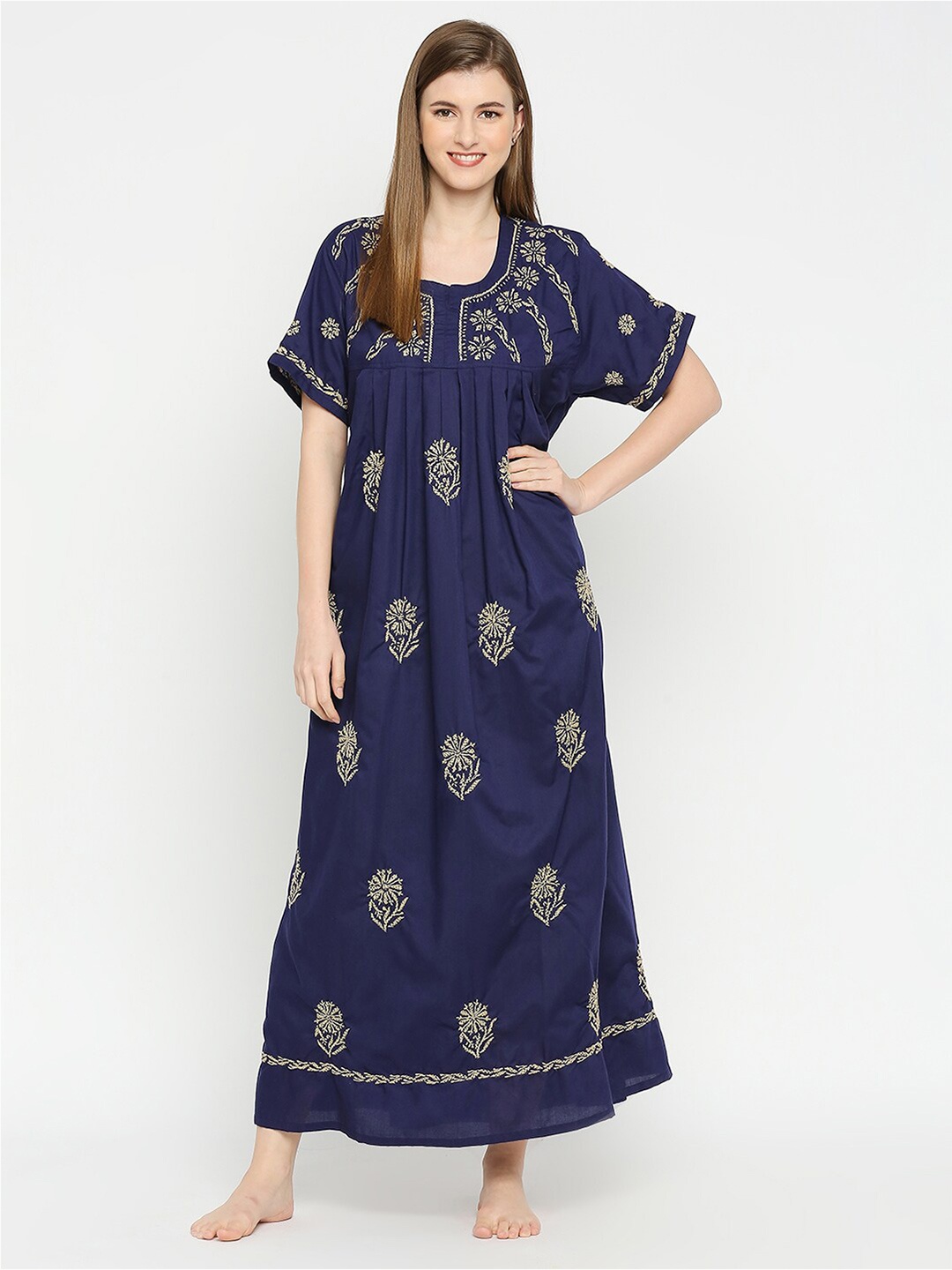 

Indiankala4u Printed Pure Cotton Maxi Nightdress, Blue