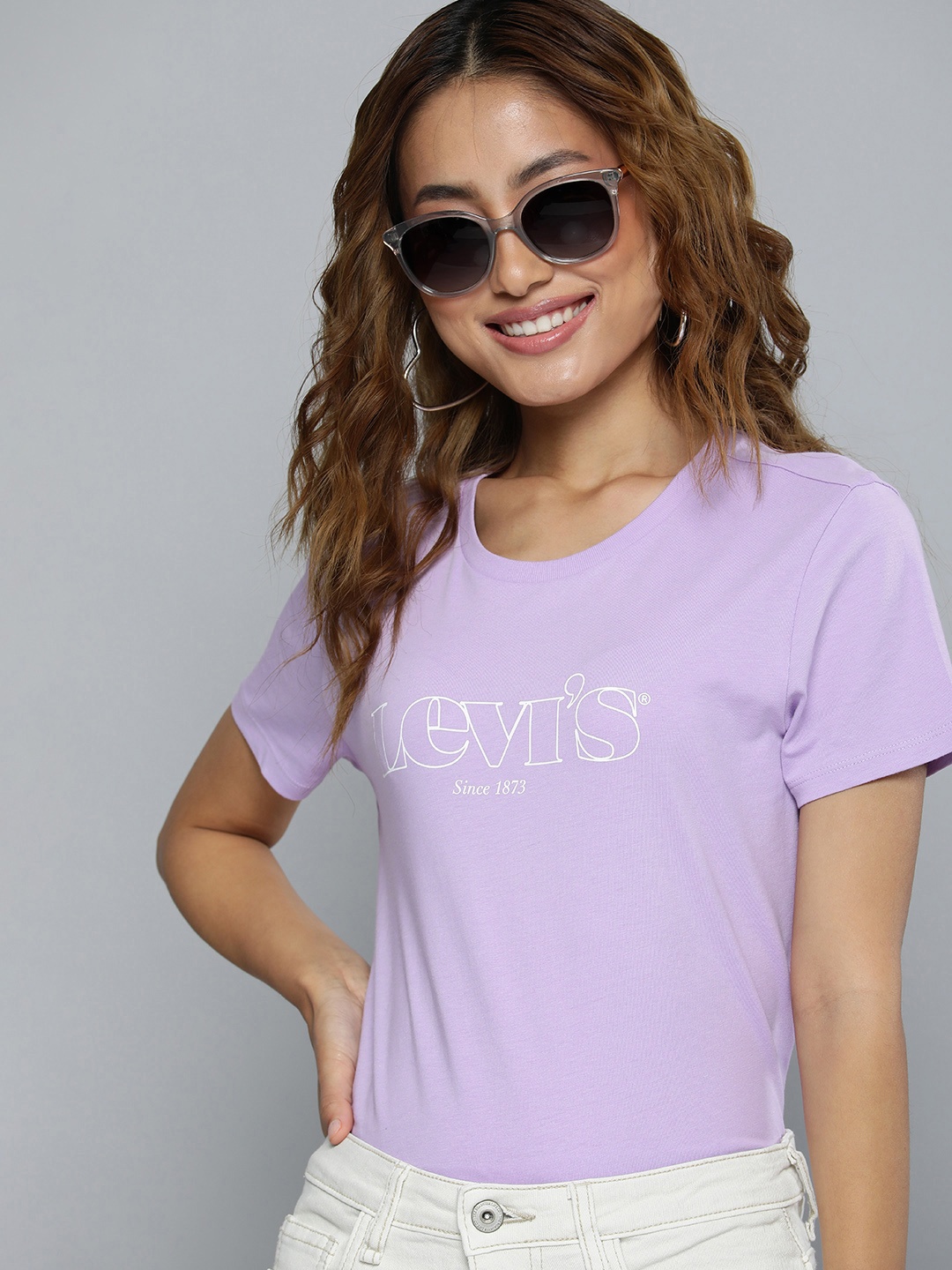 

Levis Women Pure Cotton Brand Logo Printed T-shirt, Lavender