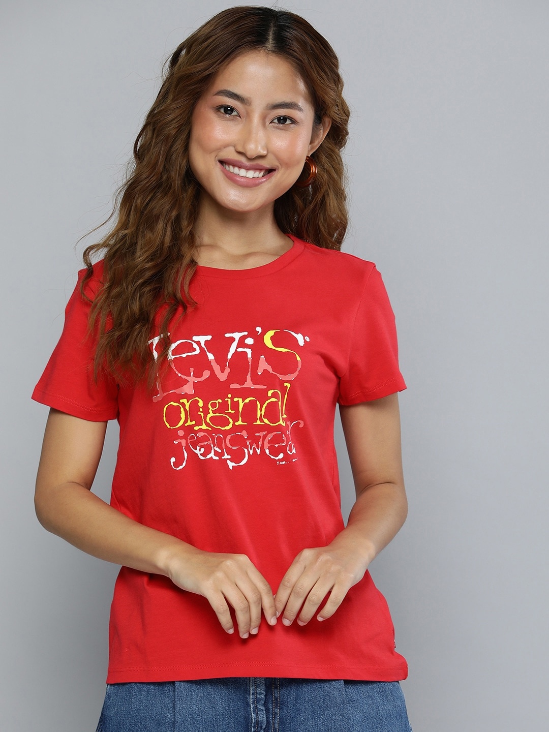 Levis Women Brand Logo Print Knitted Pure Cotton T-shirt, Red