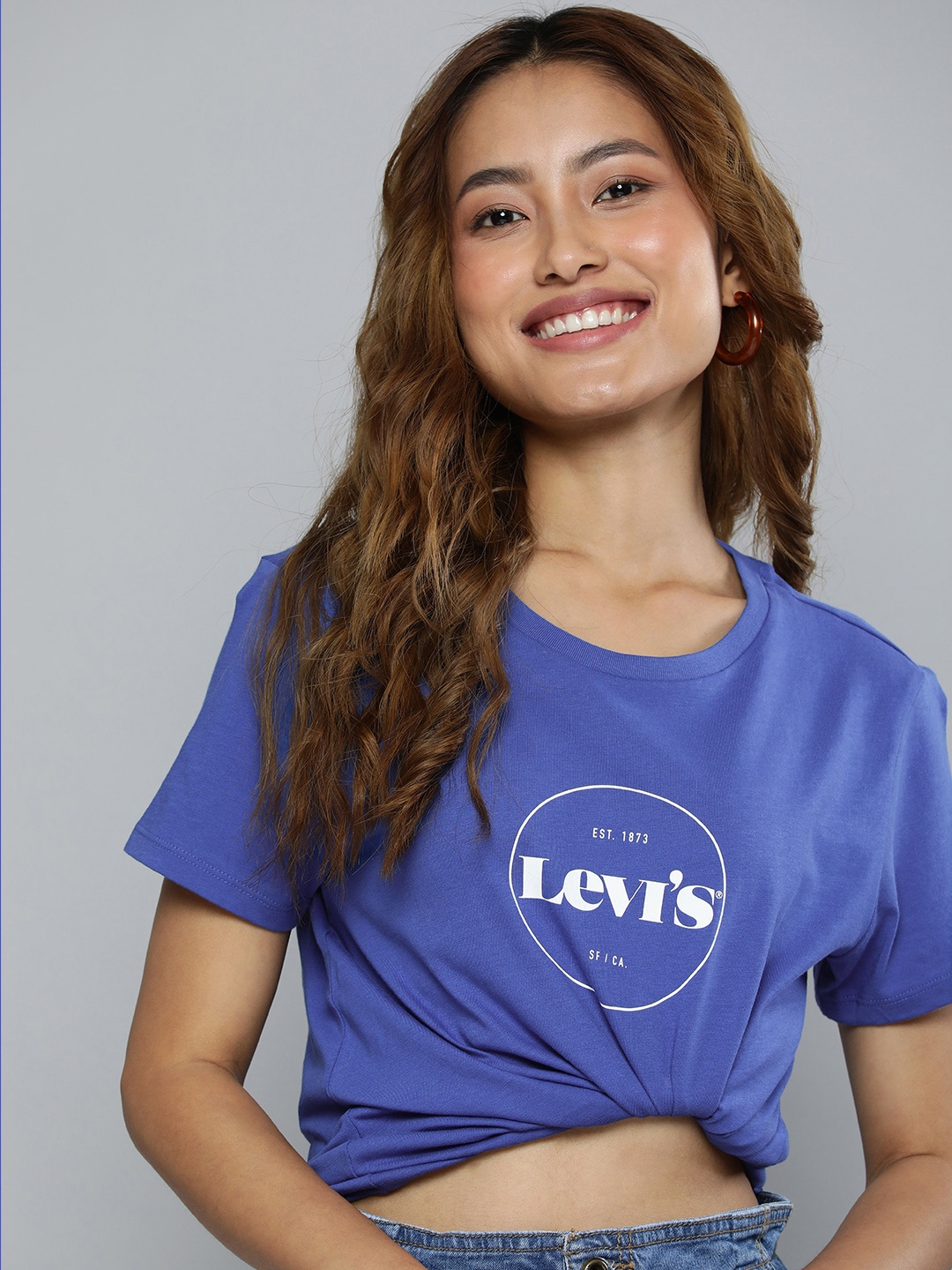 

Levis Women Brand Logo Print Knitted Pure Cotton T-shirt, Blue