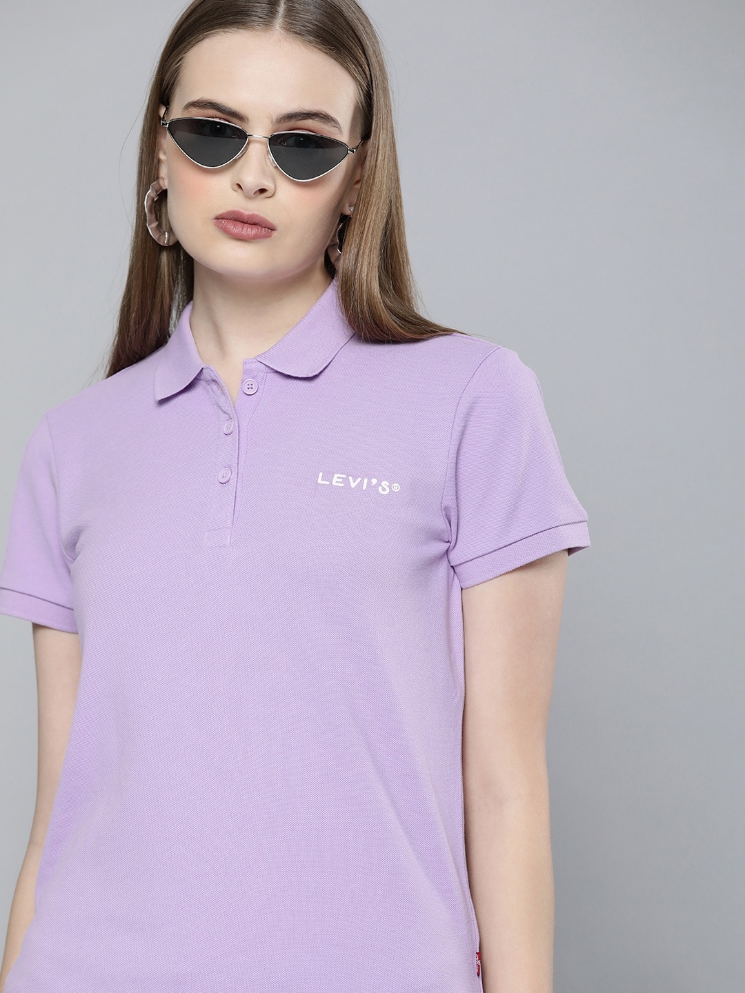

Levis Women Lavender Brand Logo Polo Collar Pure Cotton T-shirt