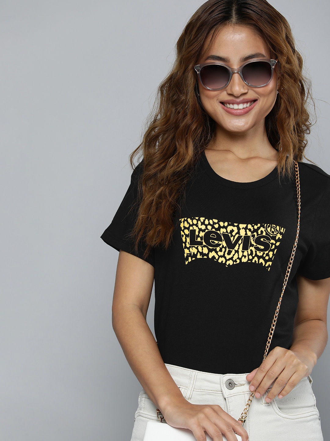 Levis Women Pure Cotton Graphic Brand Logo Printed T-shirt, Black