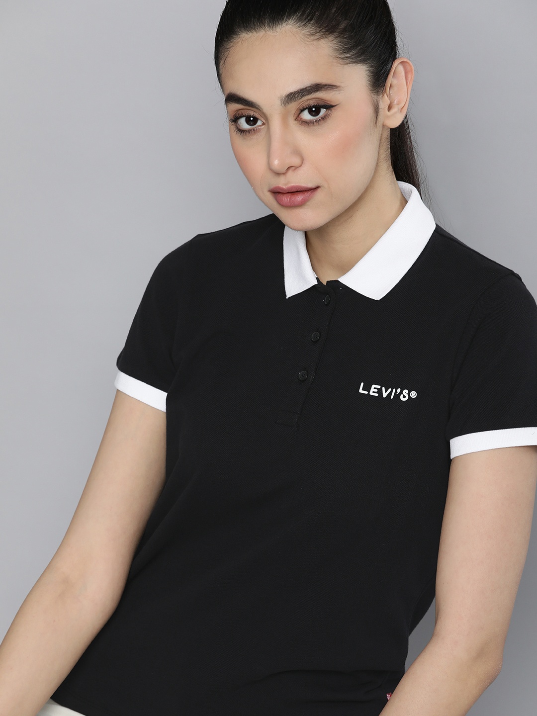 

Levis Women Pure Cotton Polo Collar T-shirt, Black