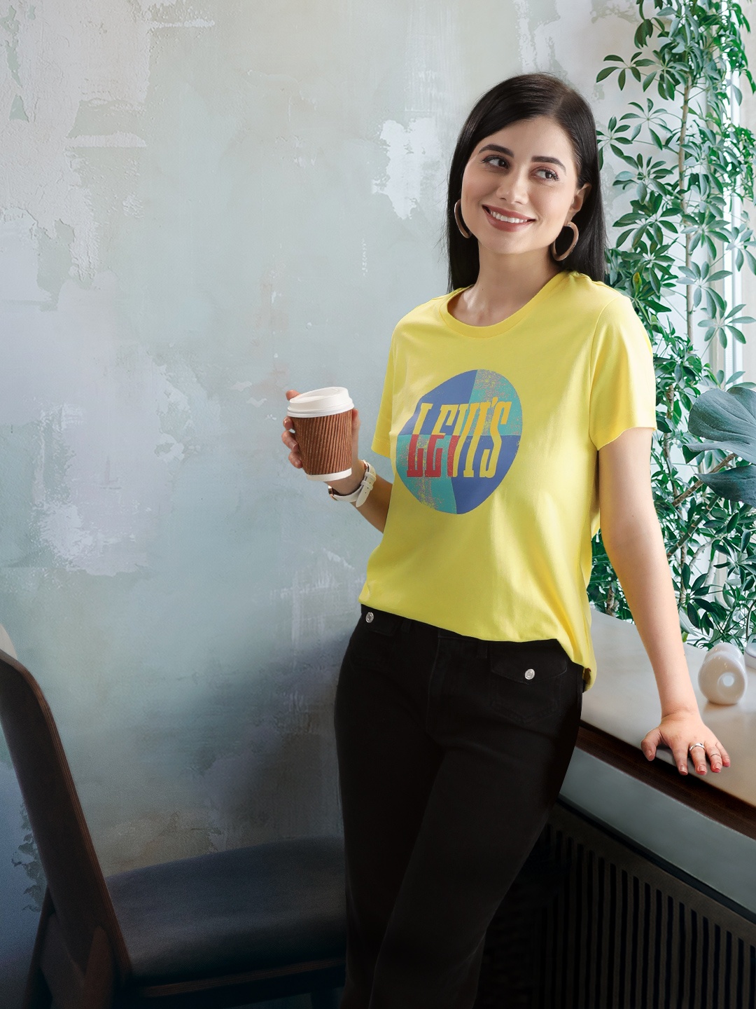 

Levis Women Brand Logo Print Knitted Pure Cotton T-shirt, Yellow