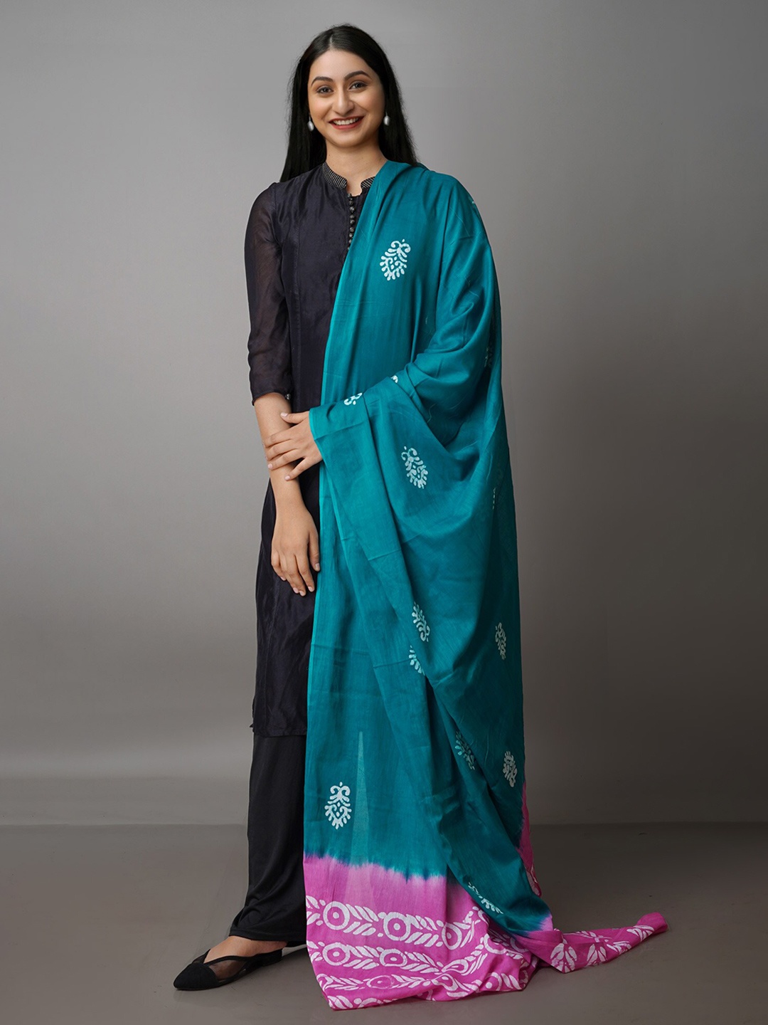 

Unnati Silks Ethnic Motifs Printed Pure Cotton Batik Dupatta, Teal