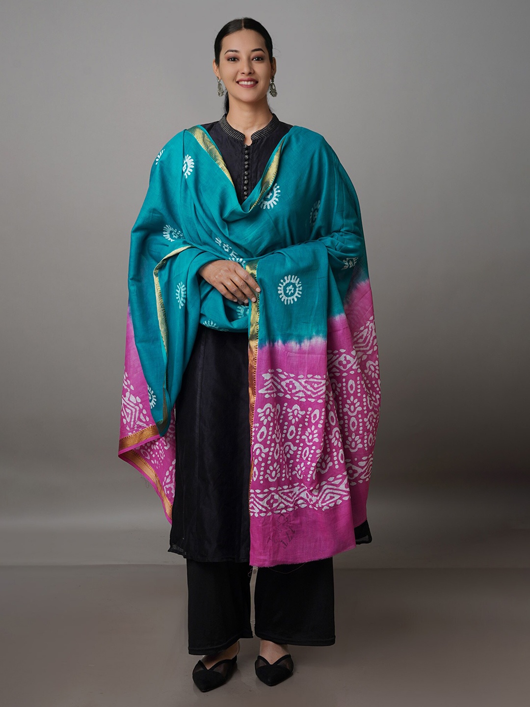 

Unnati Silks Ethnic Motifs Printed Pure Cotton Batik Dupatta, Teal