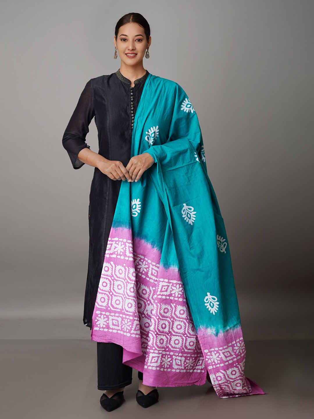 

Unnati Silks Ethnic Motif Printed Pure Cotton Batik Dupatta, Teal