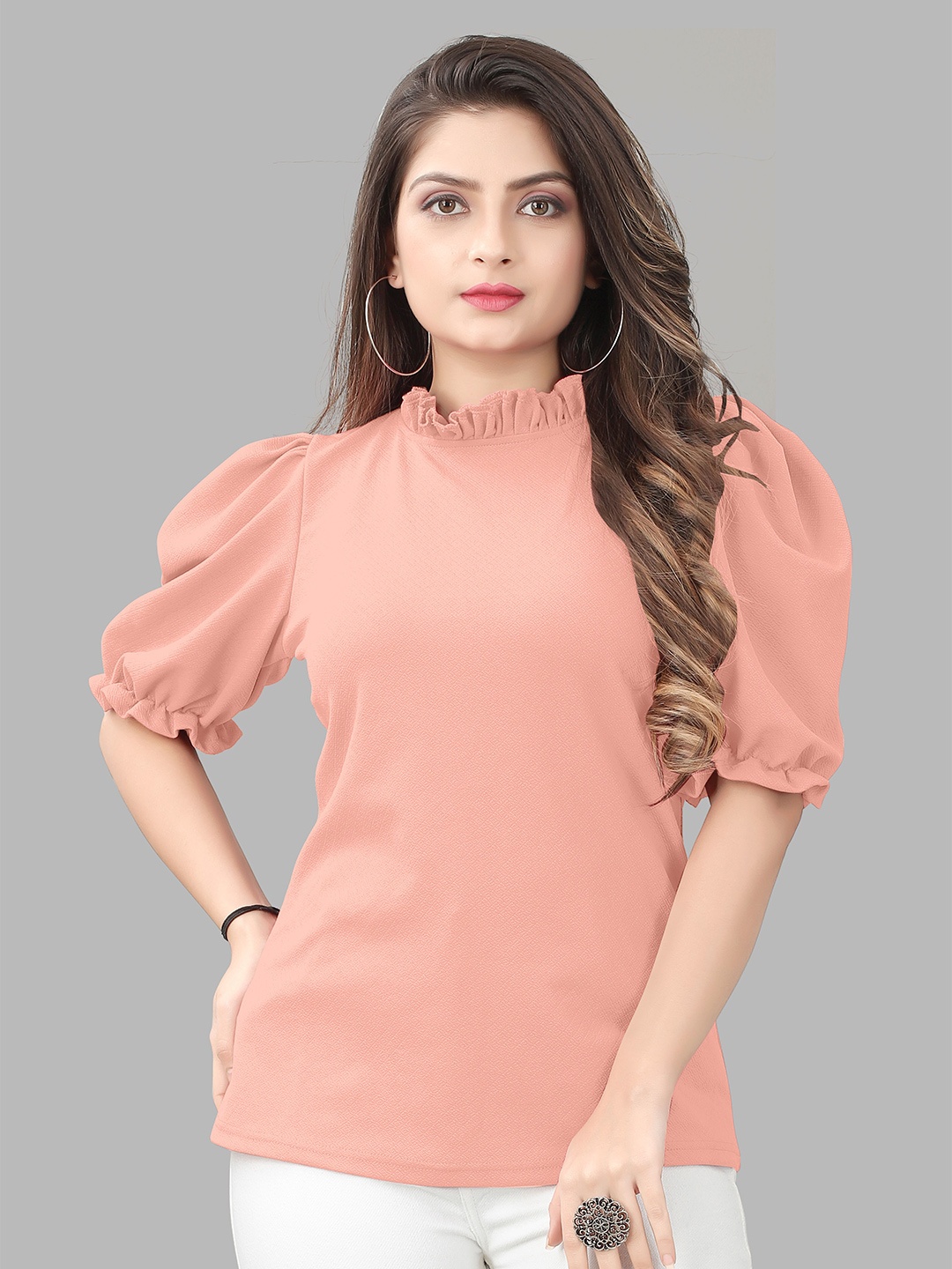 

PRASTHAN High Neck Puff Sleeves Top, Peach