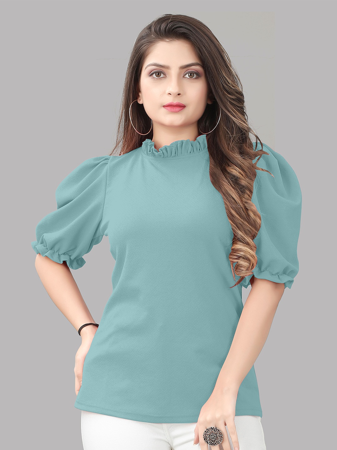 

PRASTHAN Scuba High Neck Puff Sleeves Top, Blue