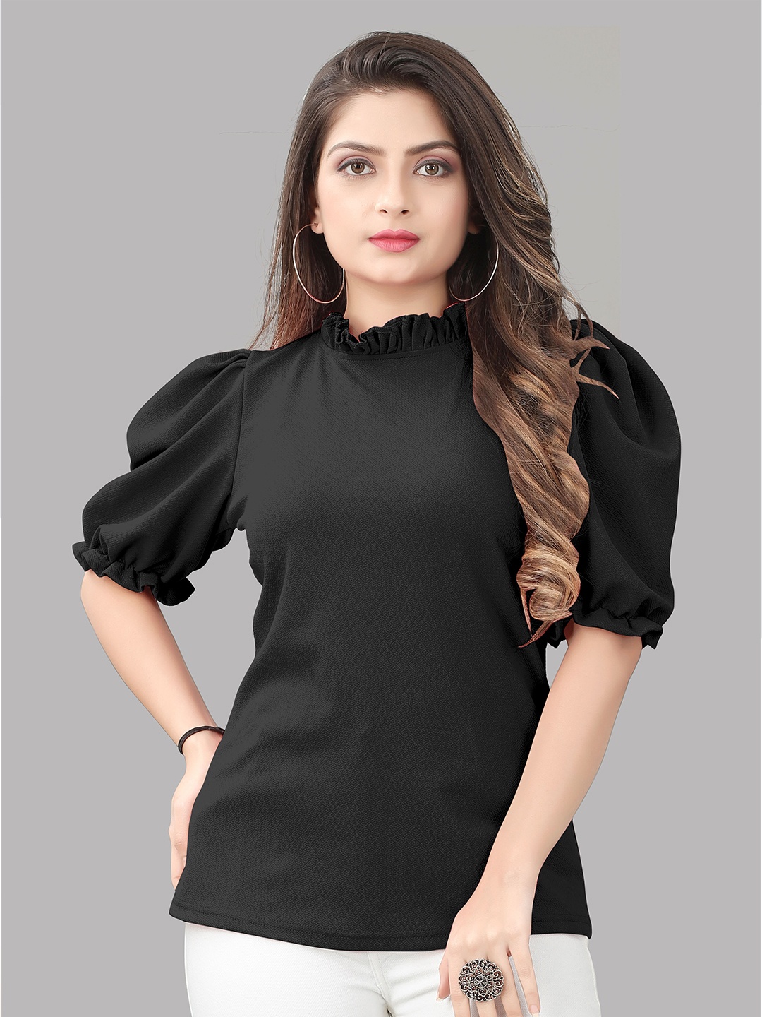 

PRASTHAN Puff Sleeves Scuba Top, Black