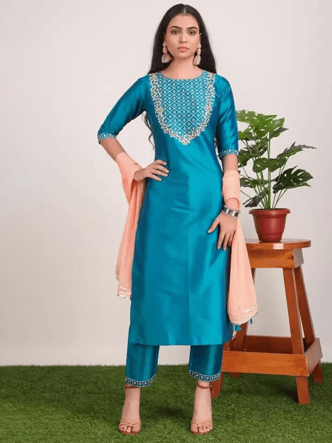 

KALINI Ethnic Motifs Embroidered Mirror Work Silk Kurta with Trousers & With Dupatta, Teal