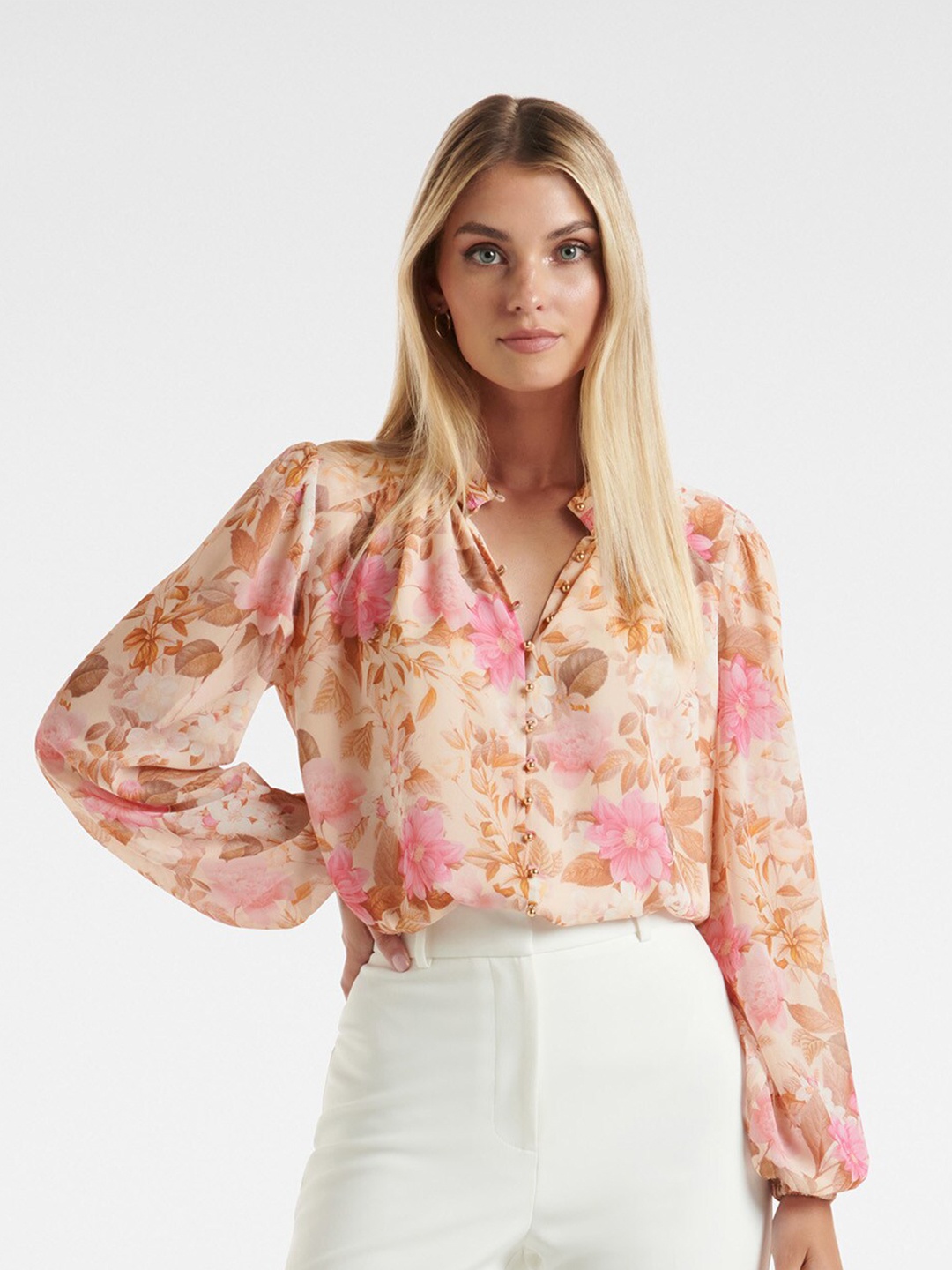 

Forever New Floral Print Puff Sleeves Mandarin Collar Top, Cream