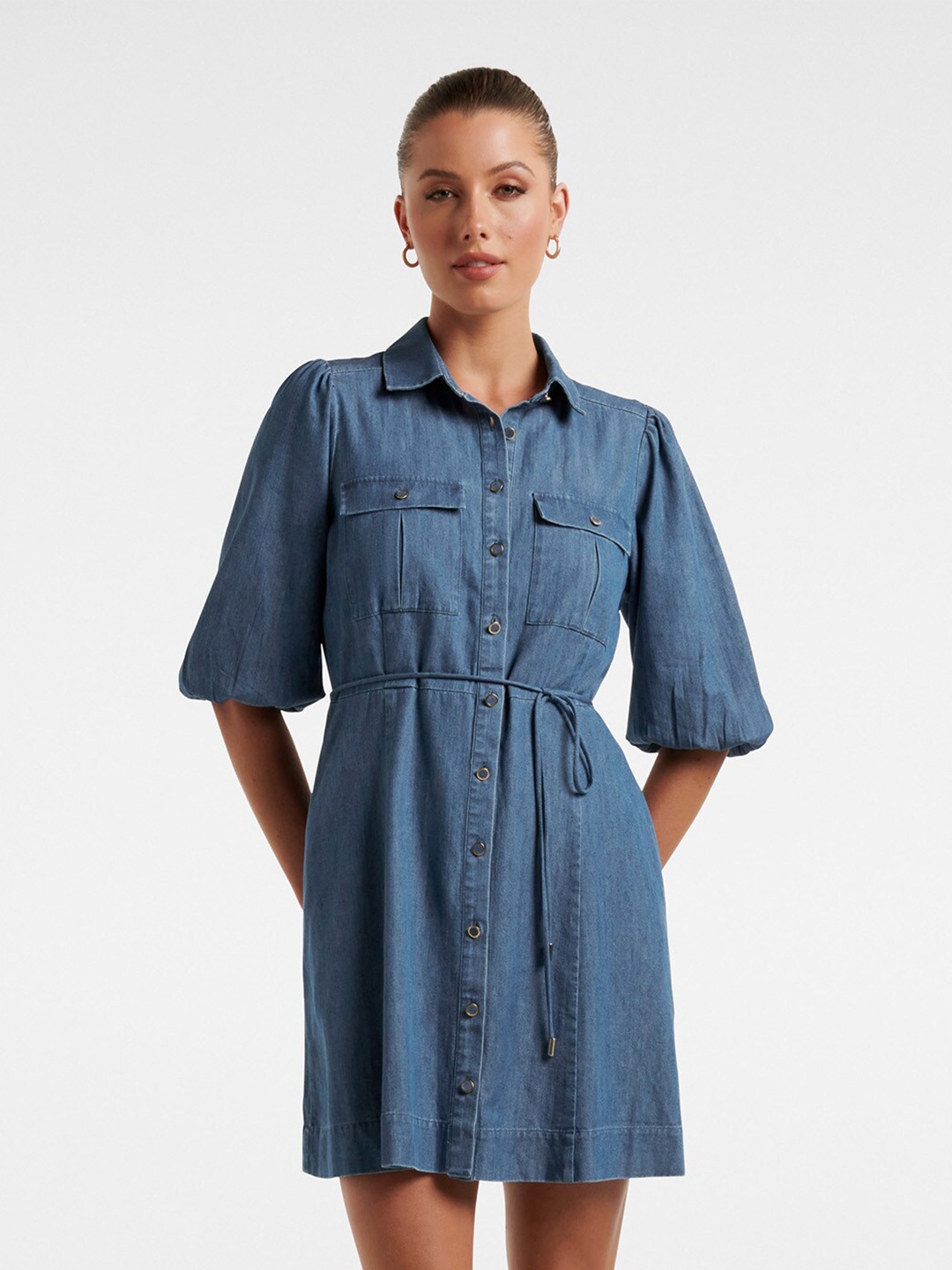 

Forever New Shirt Pure Cotton Dress, Navy blue