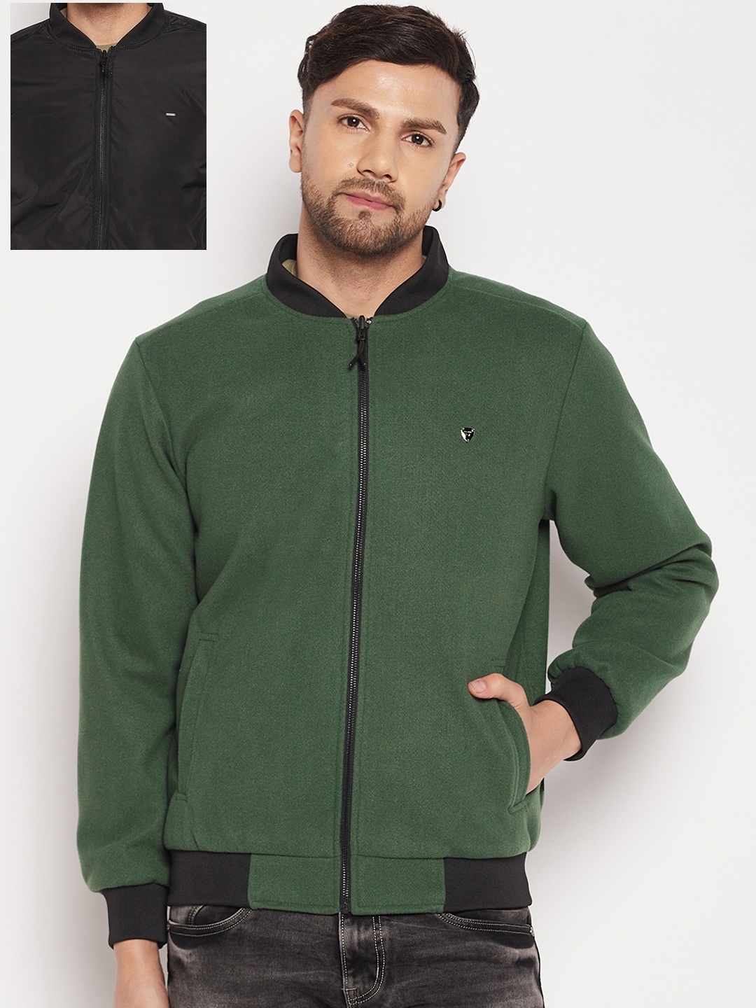 

Okane Men Solid Wool Reversible Bomber Jacket, Green