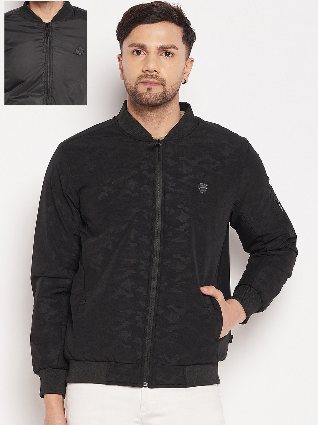 

Okane Men Camouflage Reversible Bomber Jacket, Black