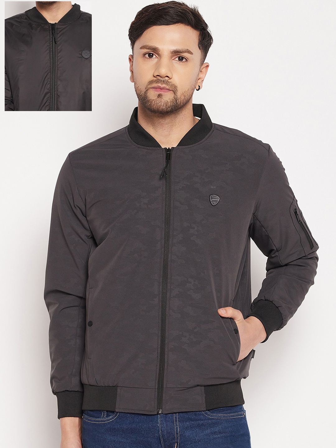 

Okane Men Solid Nylon Reversible Bomber Jacket, Black