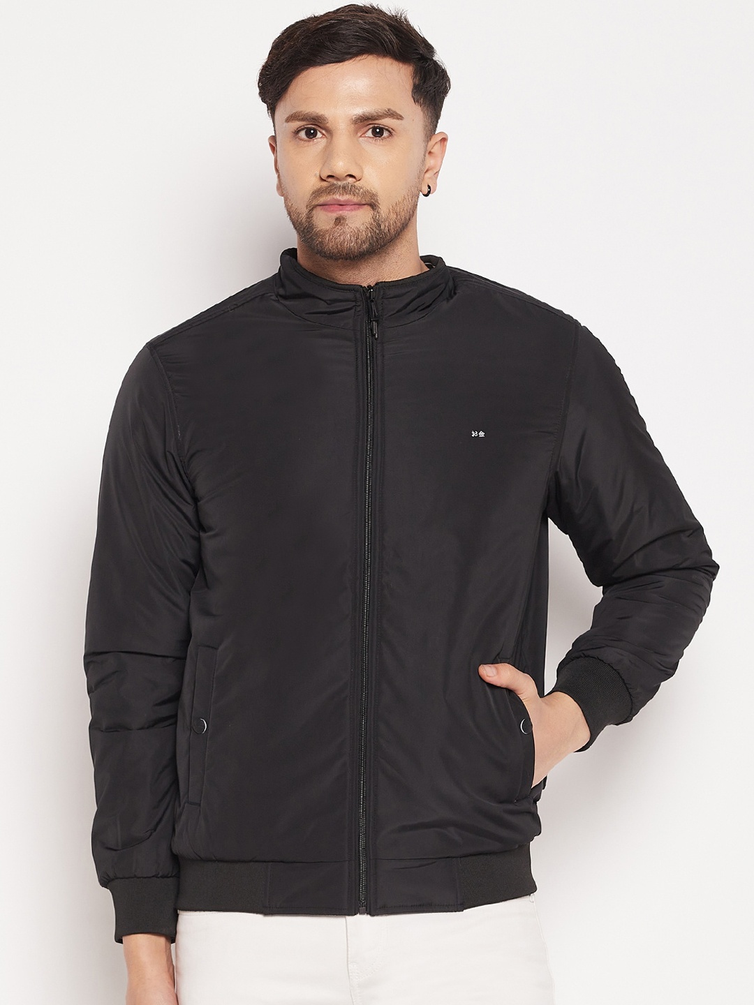 

Okane Men Checked Nylon Reversible Bomber Jacket, Black