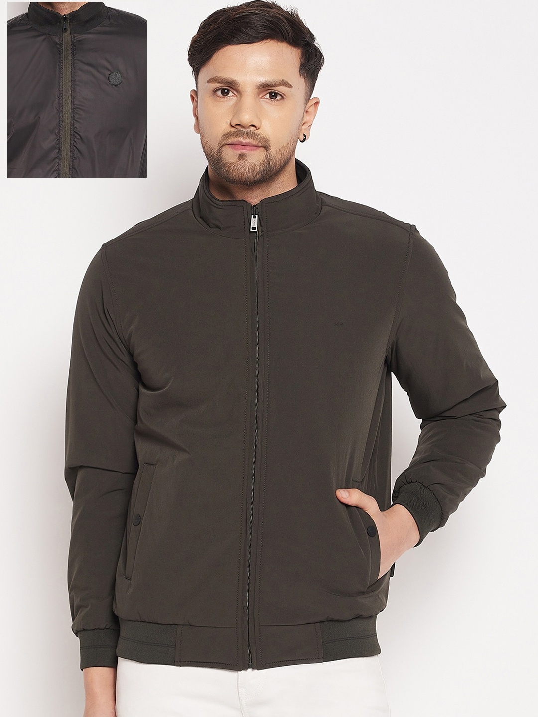 

Okane Men Solid Nylon Reversible Bomber Jacket, Olive