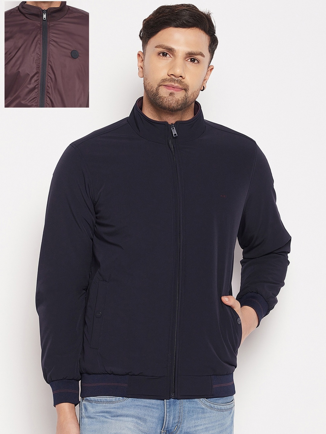 

Okane Men Solid Nylon Reversible Bomber Jacket, Navy blue