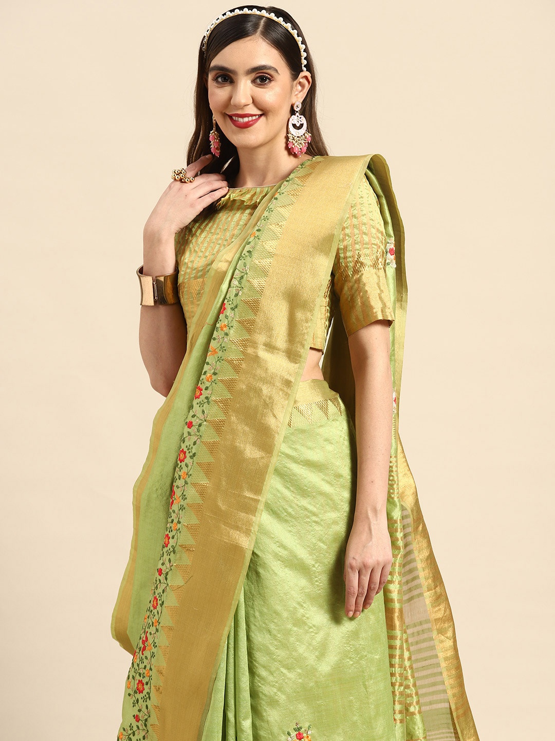 

RAJGRANTH Lime Green Floral Embroidered Silk Cotton Chanderi Saree