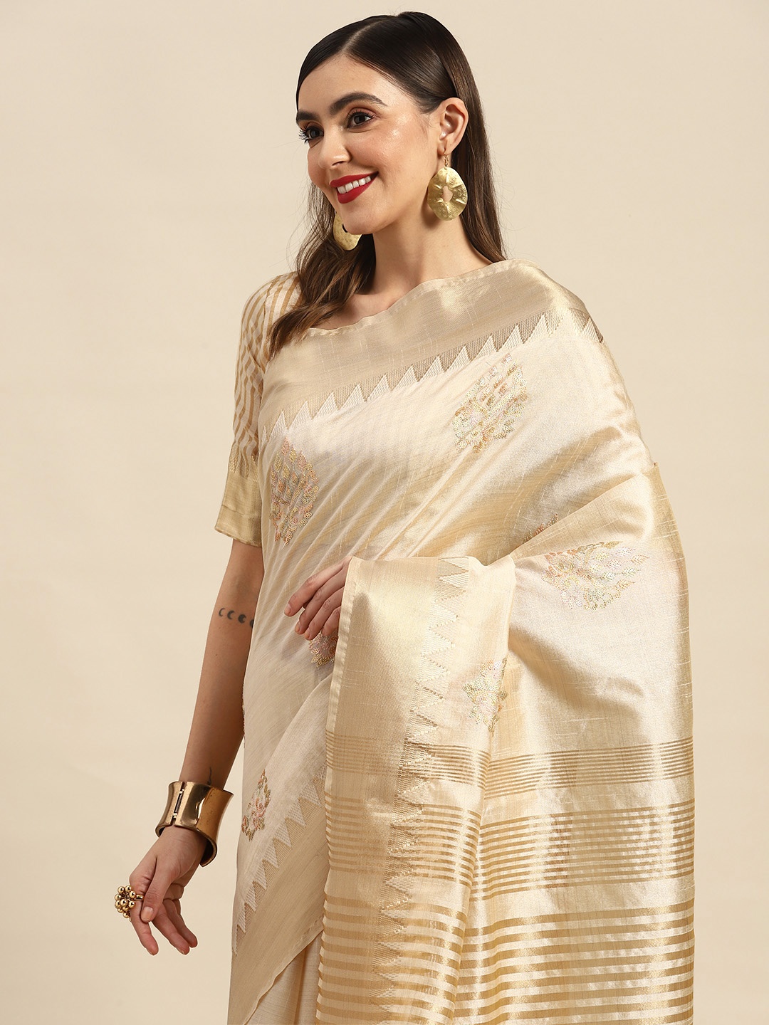 

RAJGRANTH Beige Ethnic Motifs Sequinned Chanderi Saree