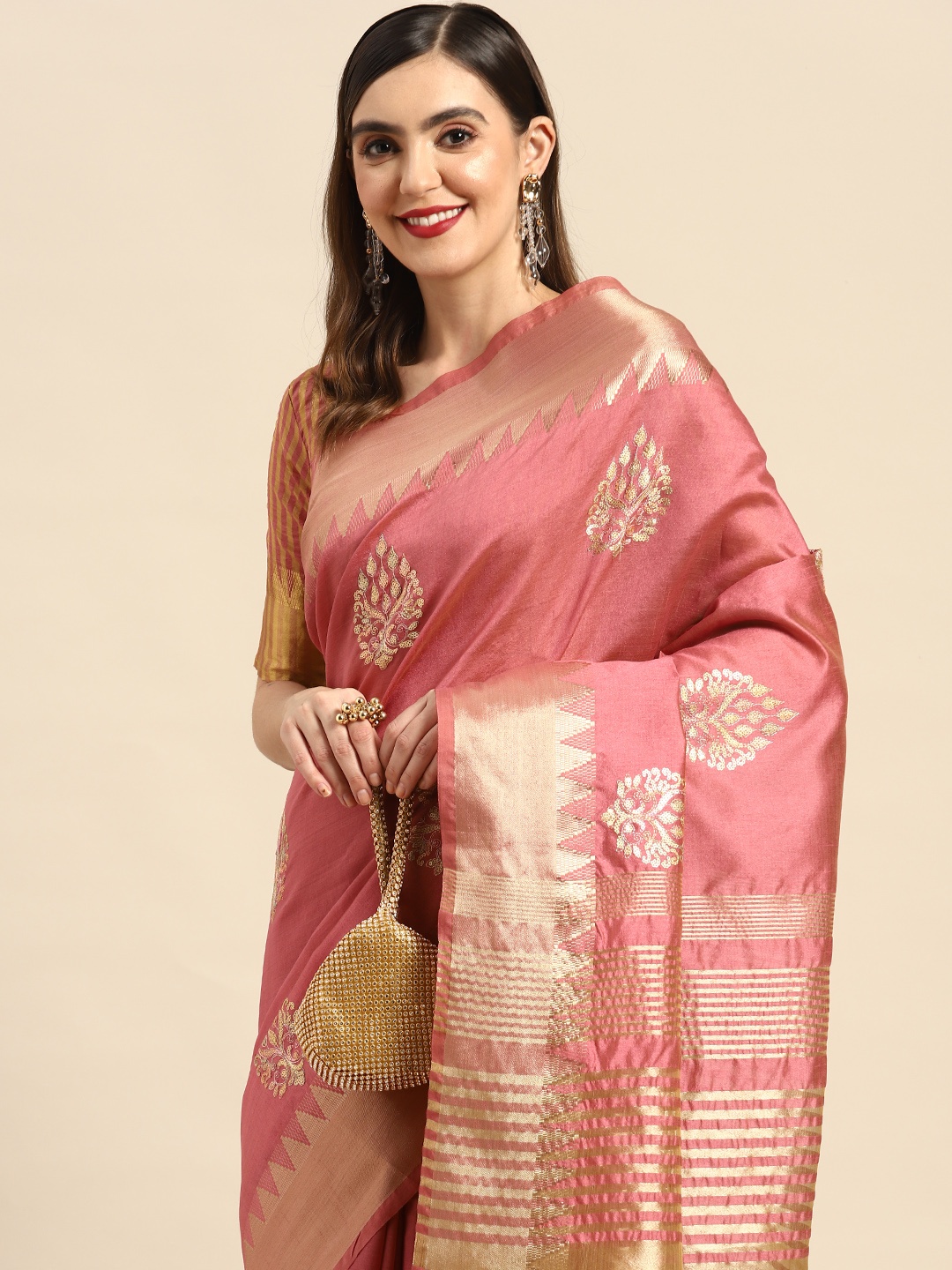 

RAJGRANTH Pink & Gold-Toned Ethnic Motifs Sequinned Chanderi Saree