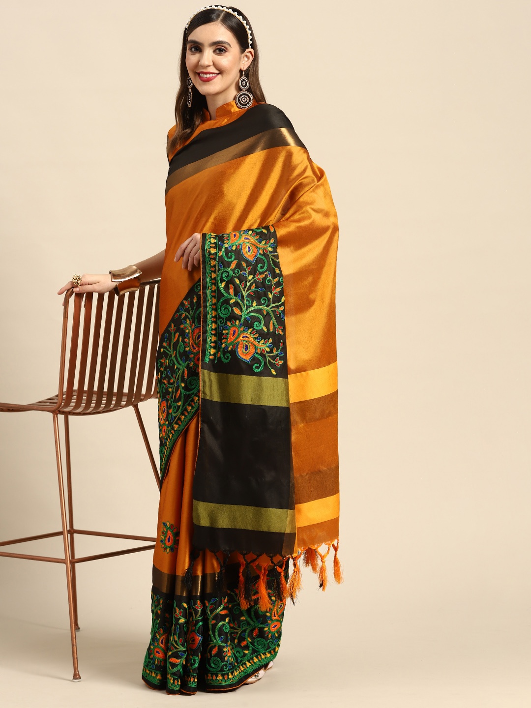 

RAJGRANTH Yellow Ethnic Motifs Embroidered Silk Cotton Chanderi Saree