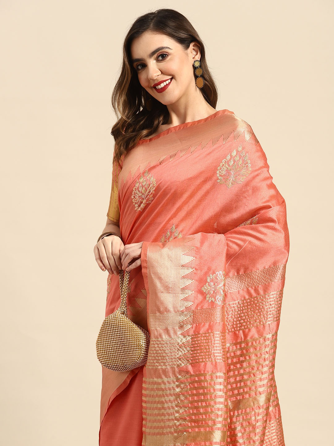 

RAJGRANTH Ethnic Motifs Zari Chanderi Saree, Peach