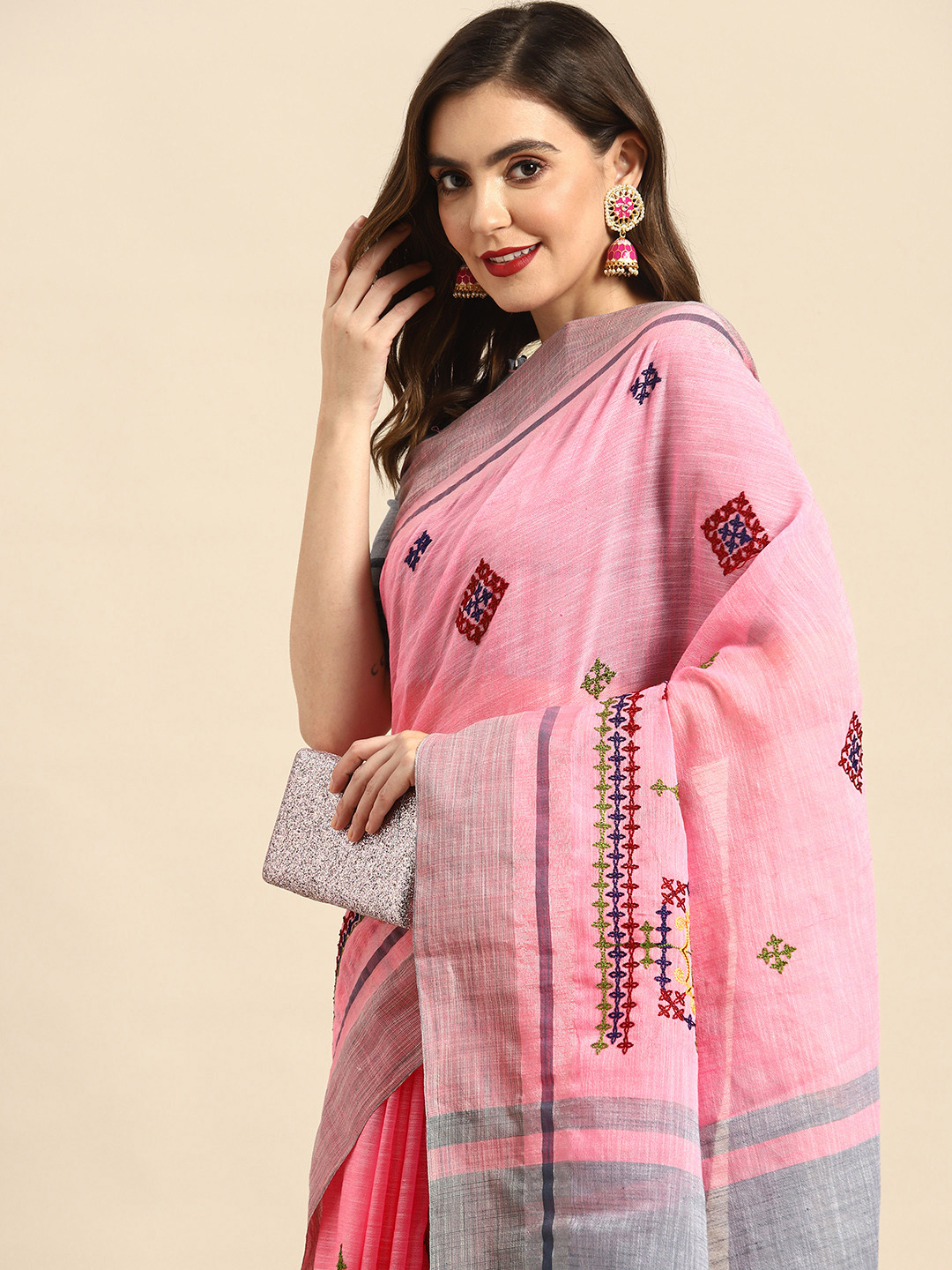 

RAJGRANTH Pink Ethnic Motifs Embroidered Linen Blend Chanderi Saree