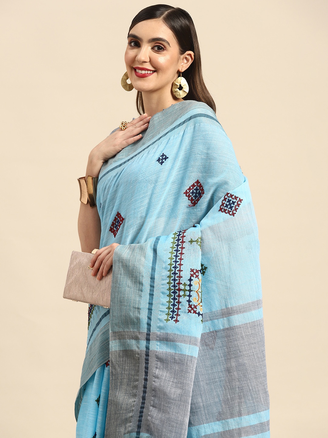 

RAJGRANTH Turquoise Blue Ethnic Motifs Embroidered Linen Blend Chanderi Saree