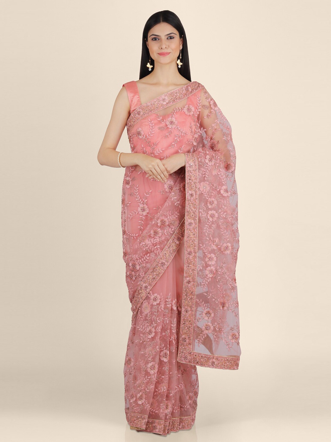 

KAJREE Floral Embroidered Net Jamdani Saree, Pink