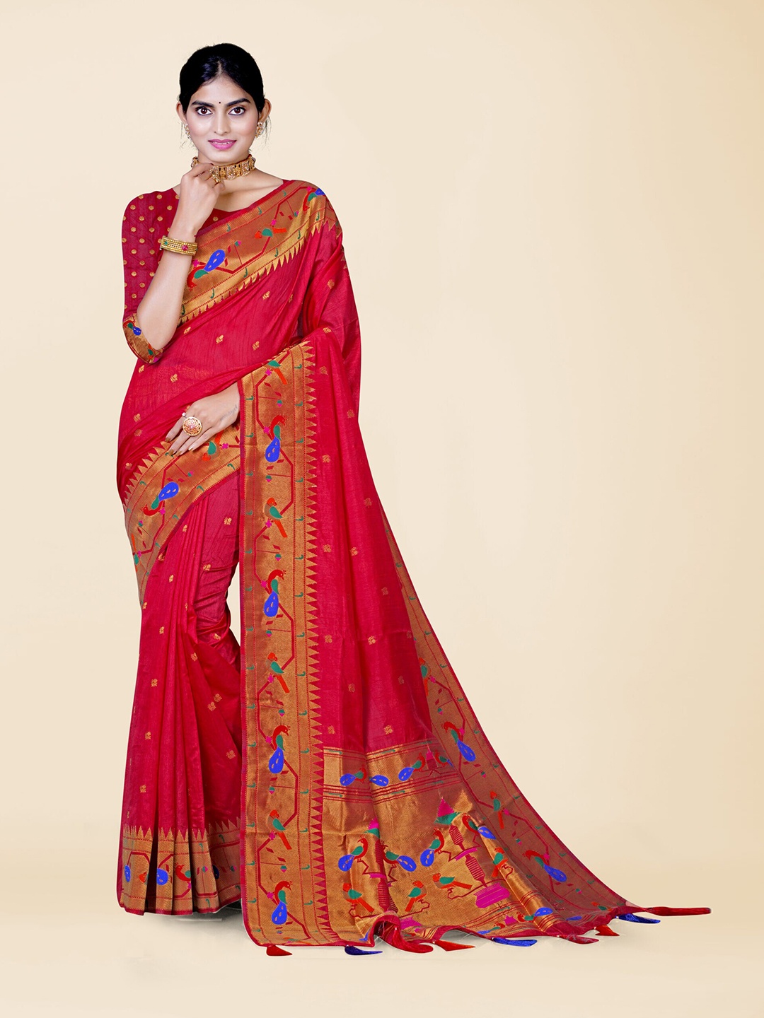 

KAJREE Woven Design Zari Paithani Saree, Red