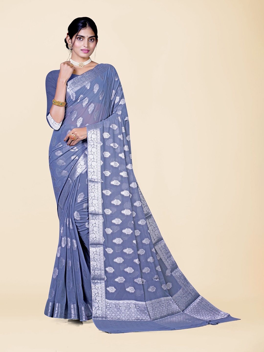 

KAJREE Woven Design Zari Pure Georgette Banarasi Saree, Grey