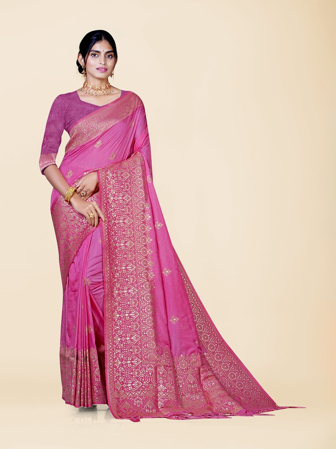 KAJREE Ethnic Motif Pure Silk Uppada Saree, Pink