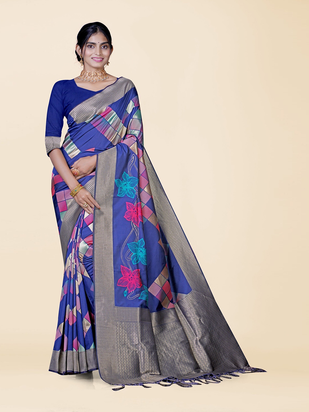 

KAJREE Woven Design Zari Pure Silk Maheshwari Saree, Blue