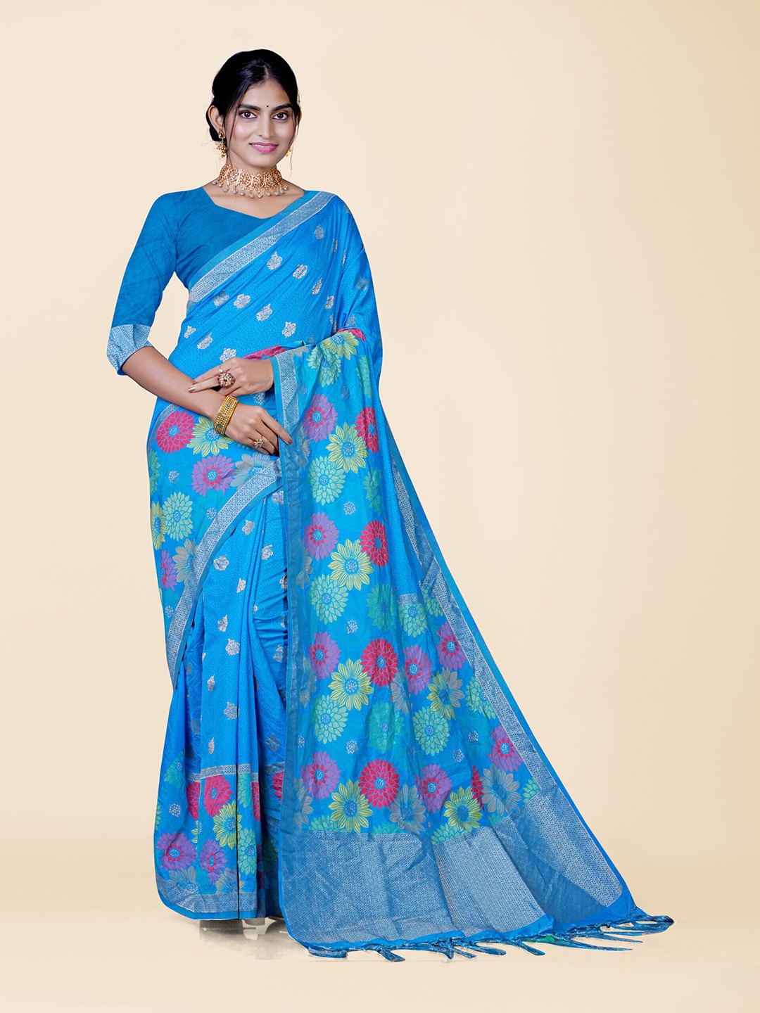 

KAJREE Floral Woven Design Zari Jamdani Saree, Blue